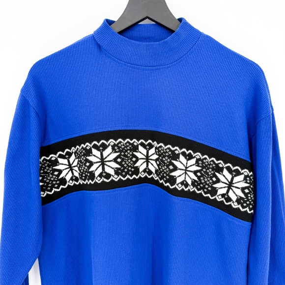 Vintage Links Ribbed Fair Isle Mock Neck Sweater Cobalt Blue Medium - Picture 3 of 8